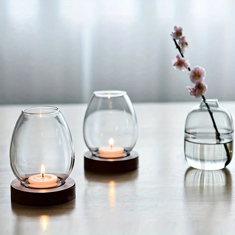 European Style Clear Glass Candle Holder with Wooden Base