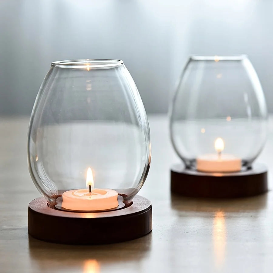 European Style Clear Glass Candle Holder with Wooden Base