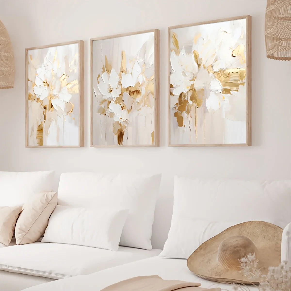 3-Piece Neutral Abstract Floral Canvas Print Set – Beige & Gold Wall Art | Unframed