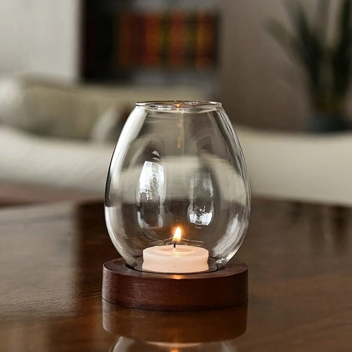 European Style Clear Glass Candle Holder with Wooden Base