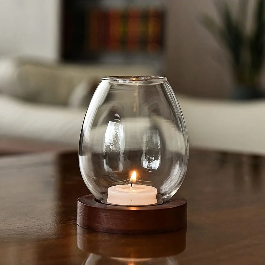 European Style Clear Glass Candle Holder with Wooden Base