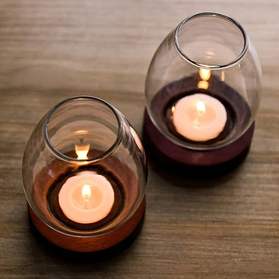 European Style Clear Glass Candle Holder with Wooden Base