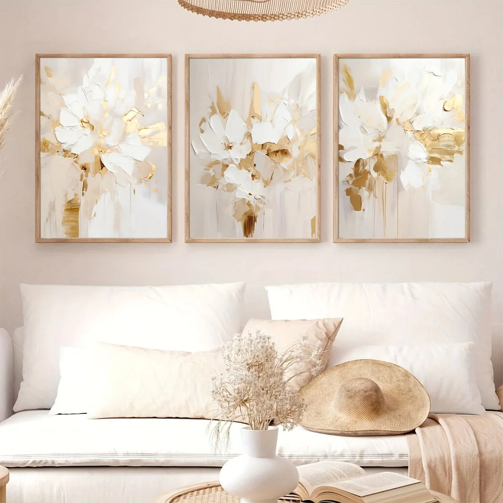 3-Piece Neutral Abstract Floral Canvas Print Set – Beige & Gold Wall Art | Unframed