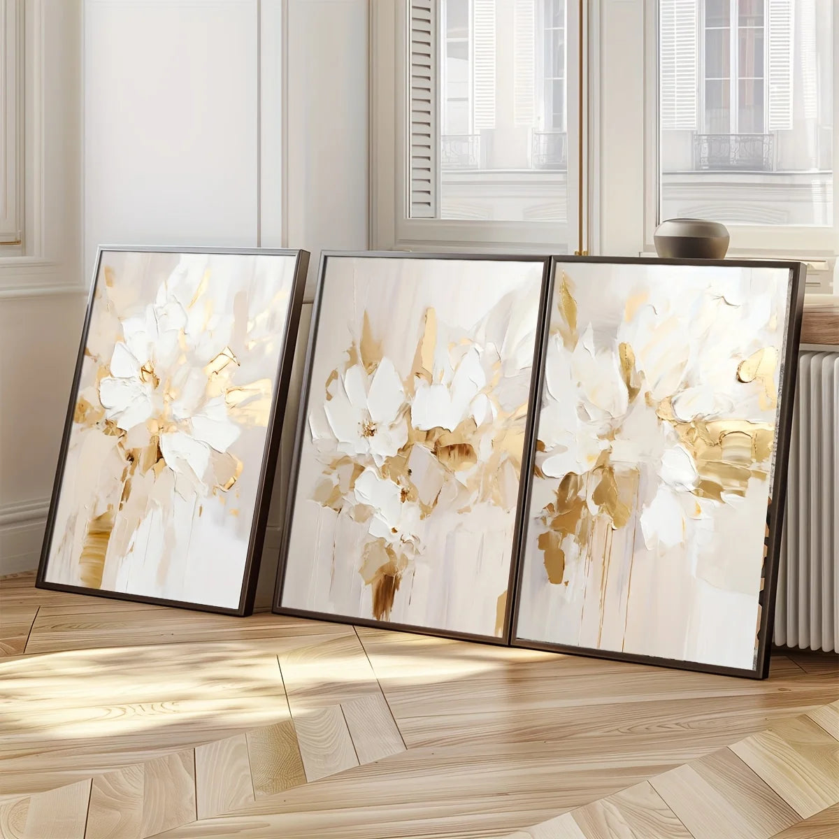 3-Piece Neutral Abstract Floral Canvas Print Set – Beige & Gold Wall Art | Unframed
