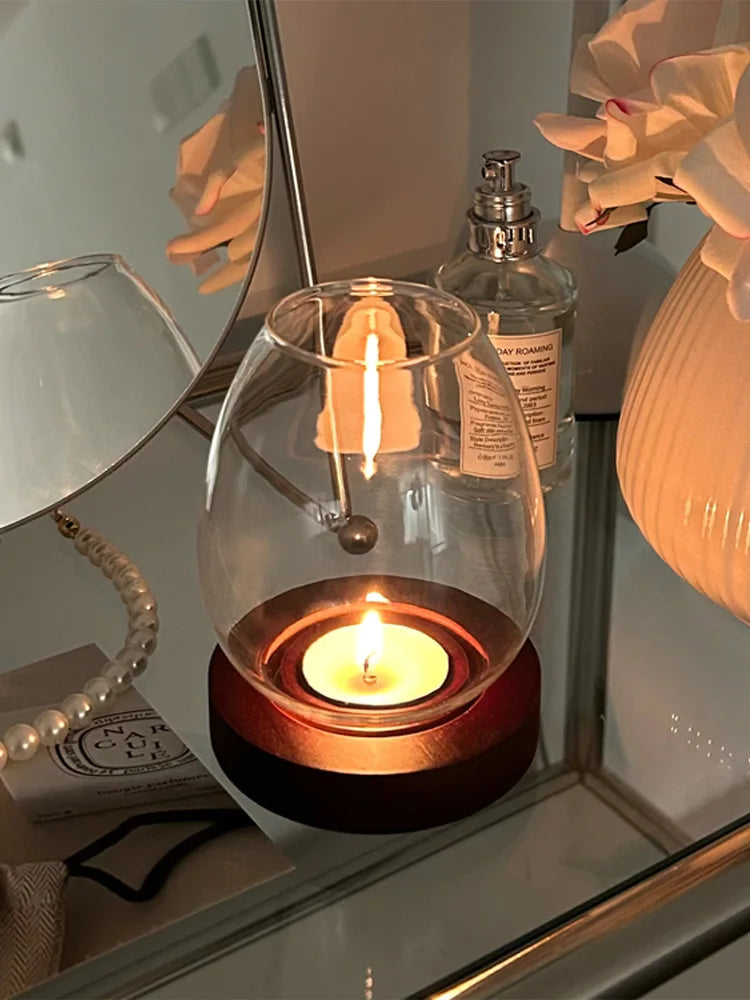 European Style Clear Glass Candle Holder with Wooden Base