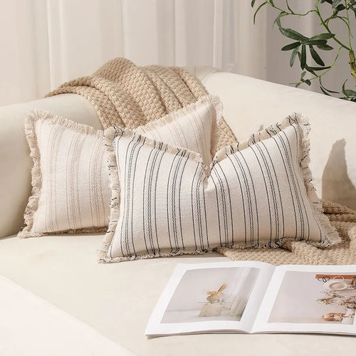 Boho Striped Throw Pillow Cover with Fringe – 30x50cm (Cover Only)