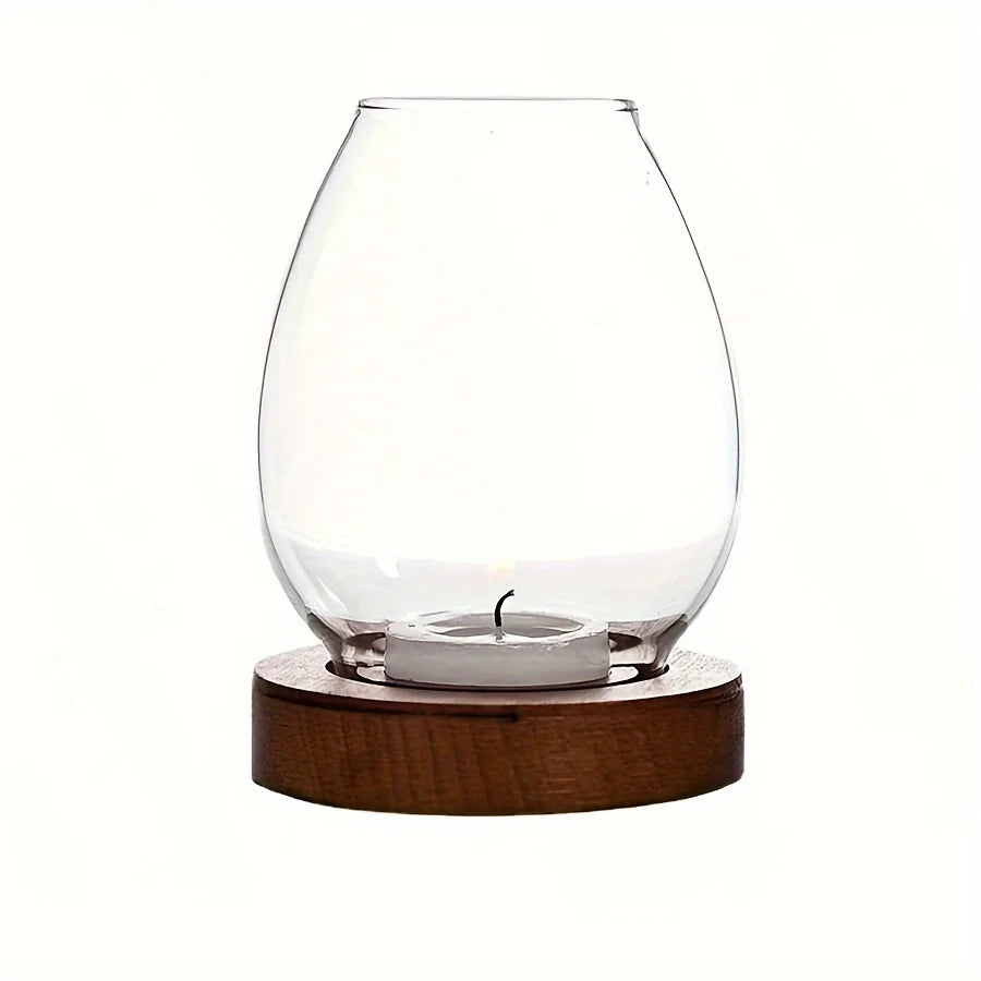European Style Clear Glass Candle Holder with Wooden Base