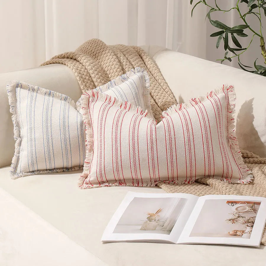 Boho Striped Throw Pillow Cover with Fringe – 30x50cm (Cover Only)