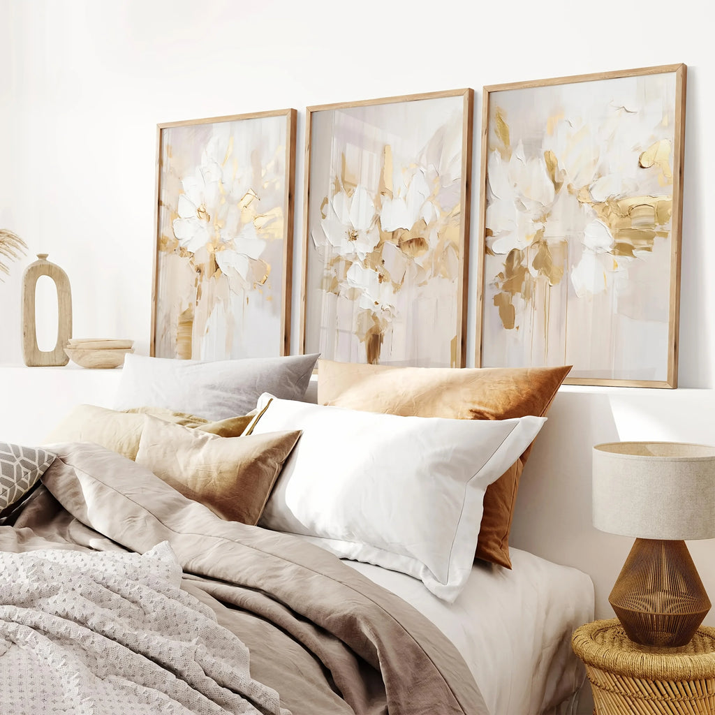 3-Piece Neutral Abstract Floral Canvas Print Set – Beige & Gold Wall Art | Unframed
